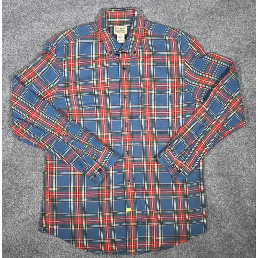 LL Bean Mens Plaid Flannel Shirt Medium Slightly Fitted Blue Red Cotton 298167